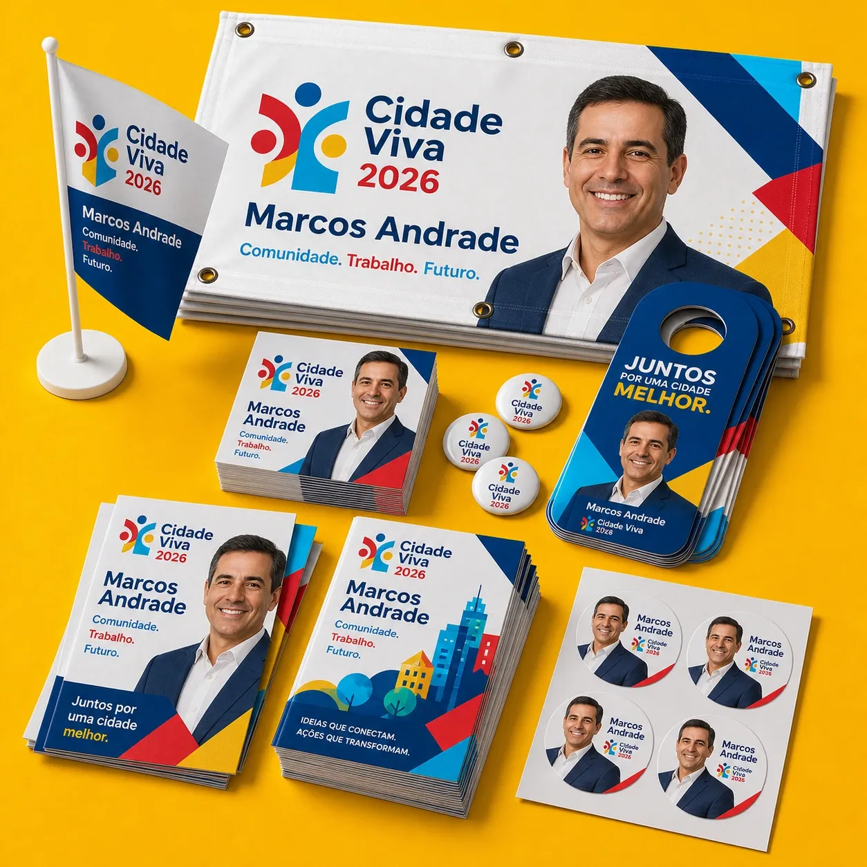 Kit fictício de materiais impressos para campanha política com o candidato fictício Marcos Andrade em santinhos, adesivos, bandeira, bottoms, panfletos e banner