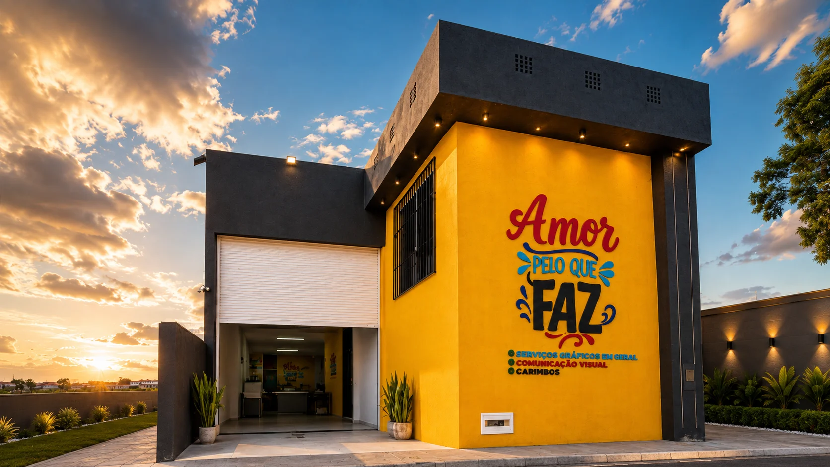 Fachada da LG Gráfica ao entardecer